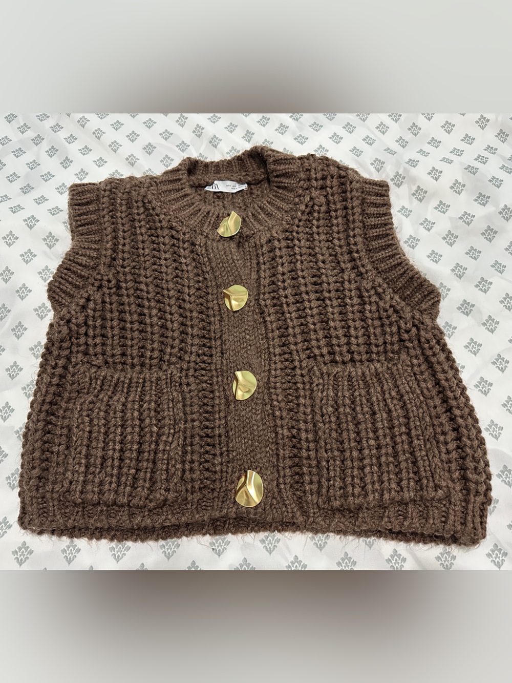ZARA Brown Chunky Knit Cardigan Vest Gold Buttons Size S